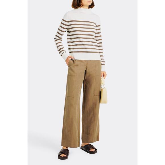 Minimalist Chic Soft Striped Wool Cashmere Mock Neck Sweater Vince. Cream Tan M - Picture 1 of 9